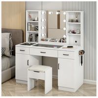 Tocador Espejo Hollywood Taburete Enchufe Repisa Con Vidrio