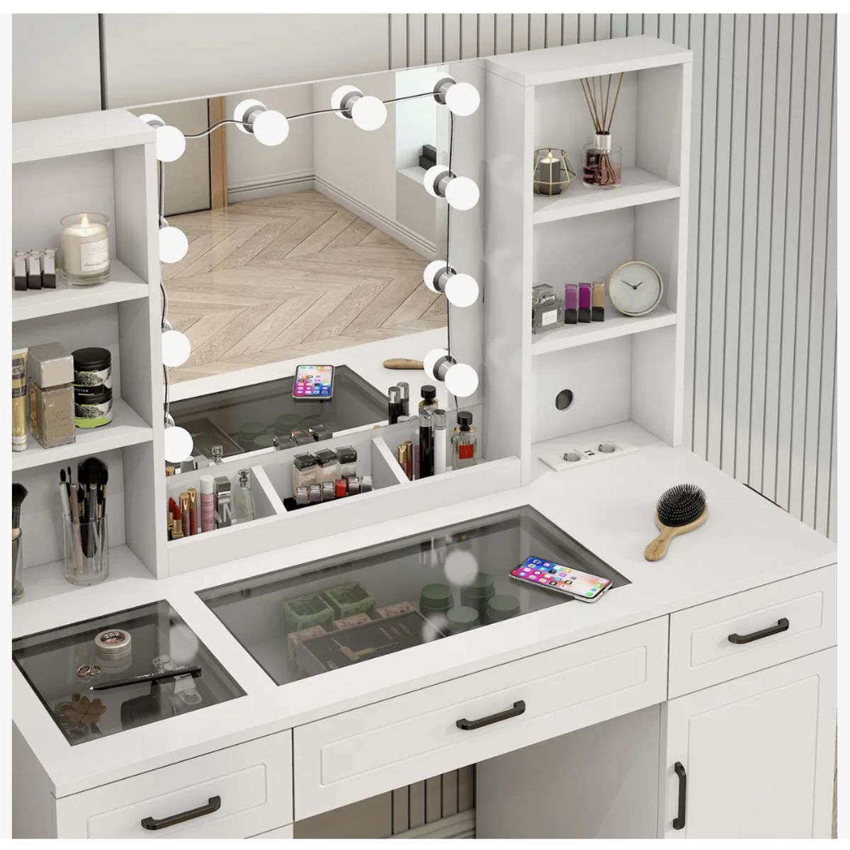 HOMER DESIGN - Tocador Espejo Hollywood Taburete Enchufe Repisa Con Vidrio