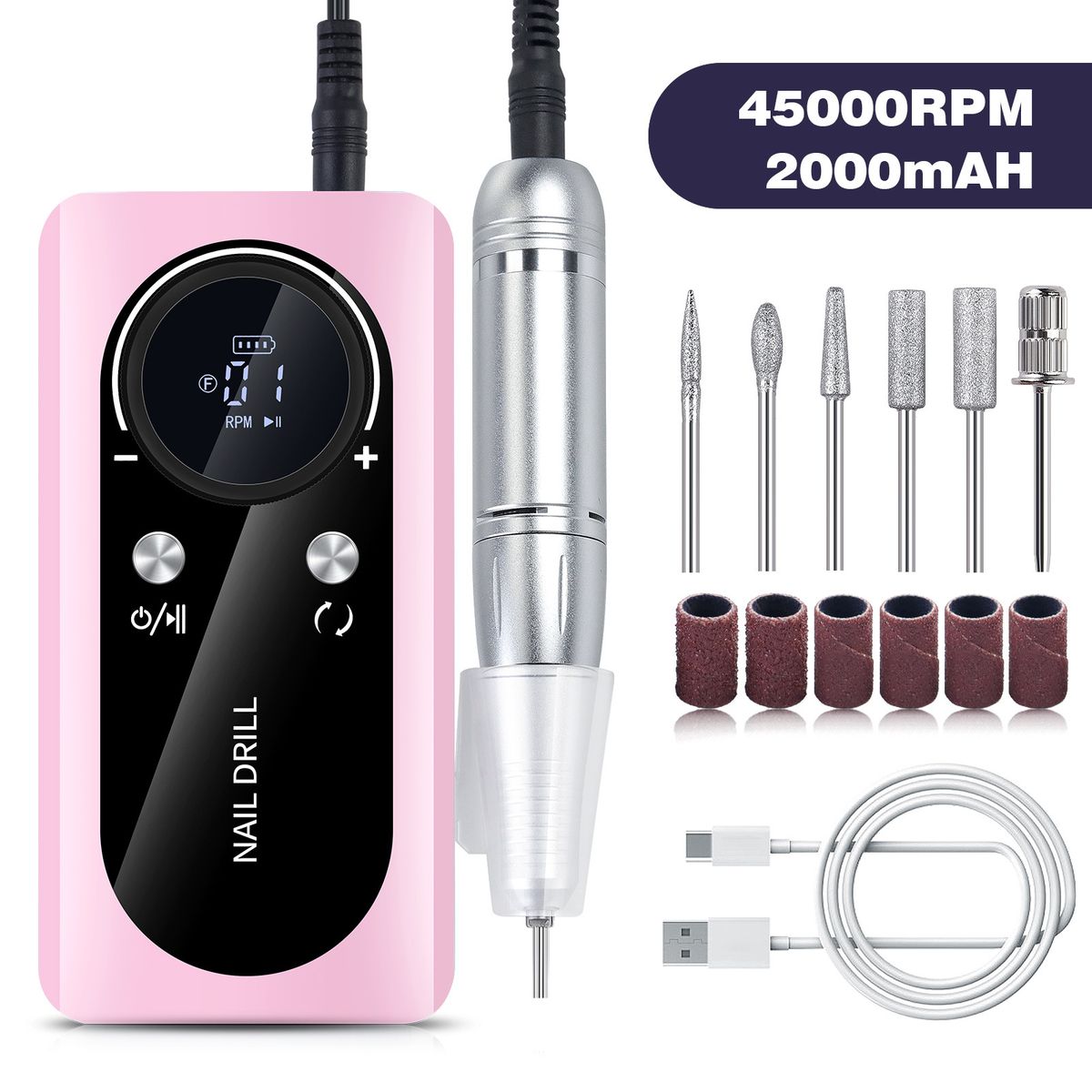 PUREPOWER - Taladro de uñas recargable de 45000RPM con Kit de brocas