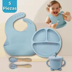 UTILISIMO - Set De Alimentación Bebé Silicona 5 Piezas Celeste