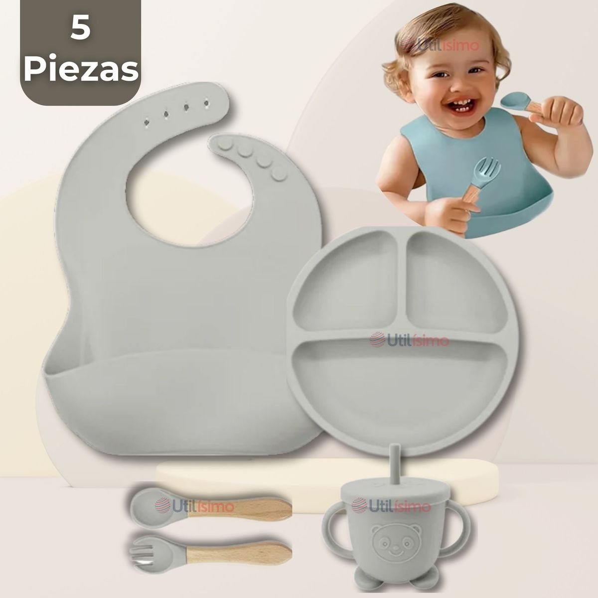 UTILISIMO - Set De Alimentación Bebé Silicona 5 Piezas Gris