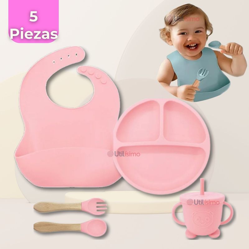 UTILISIMO - Set De Alimentación Bebé Silicona 5 Piezas Rosa Claro
