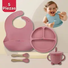 UTILISIMO - Set De Alimentación Bebé Silicona 5 Piezas Rosa Oscuro