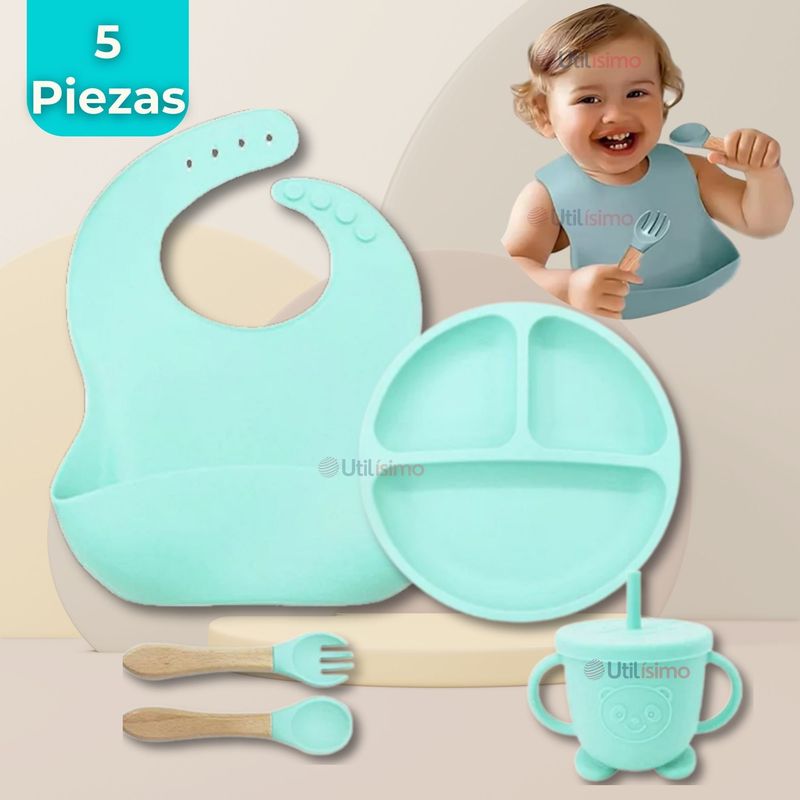 UTILISIMO - Set De Alimentación Bebé Silicona 5 Piezas Turquesa