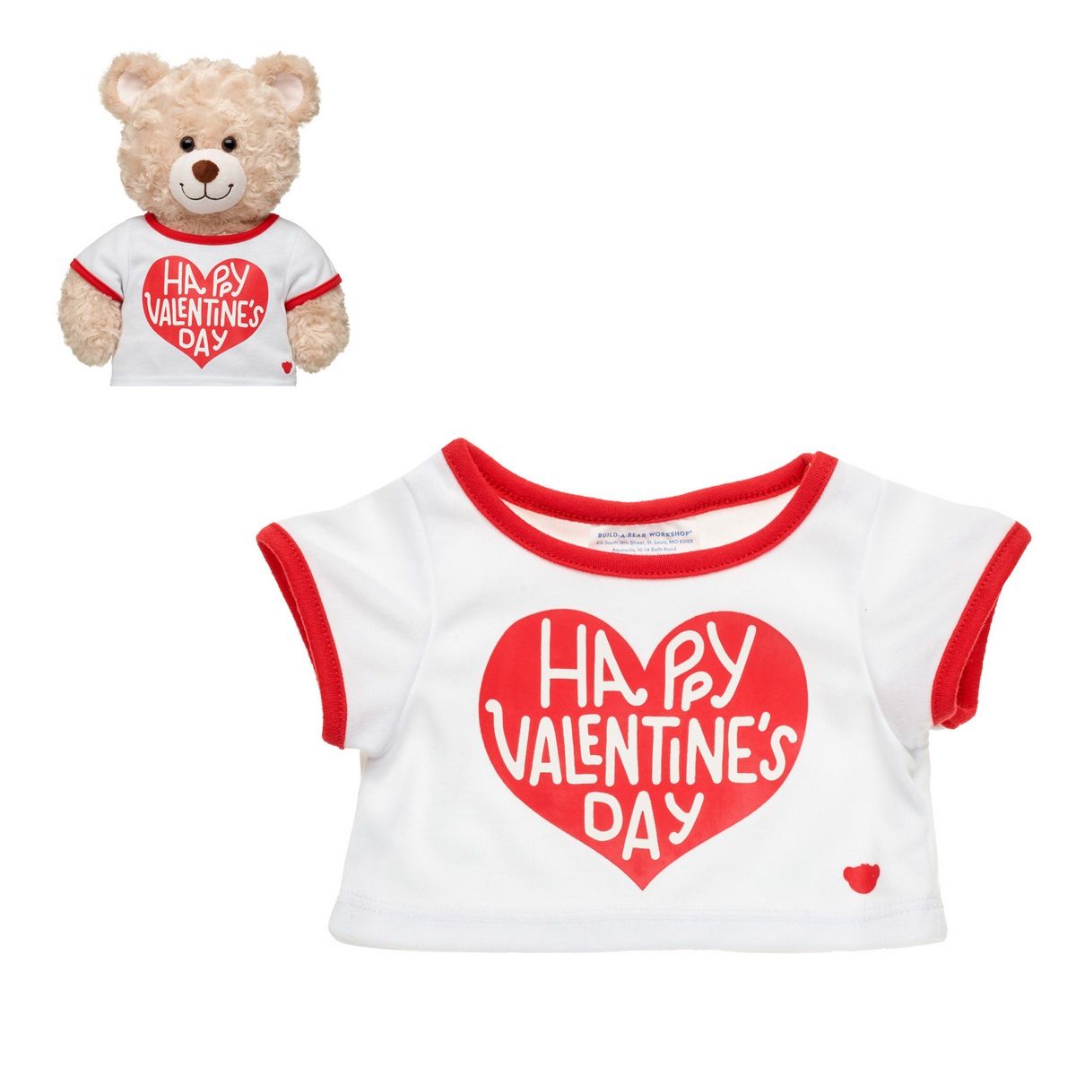 BUILD A BEAR - Camiseta Build a Bear corazón San Valentín roja y blanca