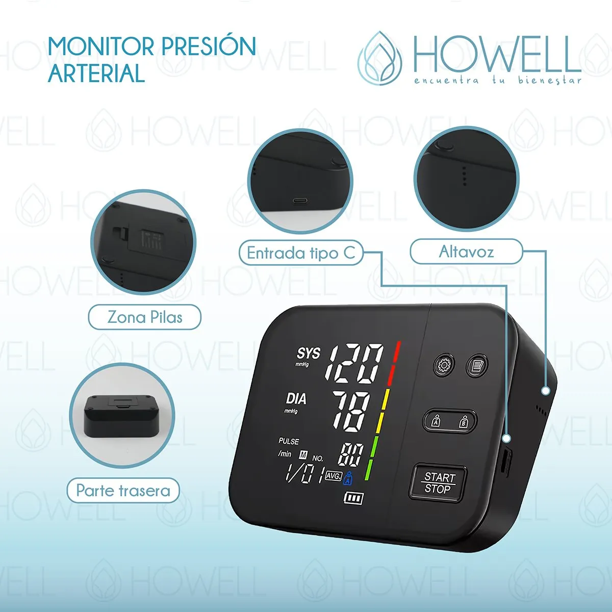 HOWELL - Tensiómetro V2 Toma Presión Digital Pro Howell Usb Bateria