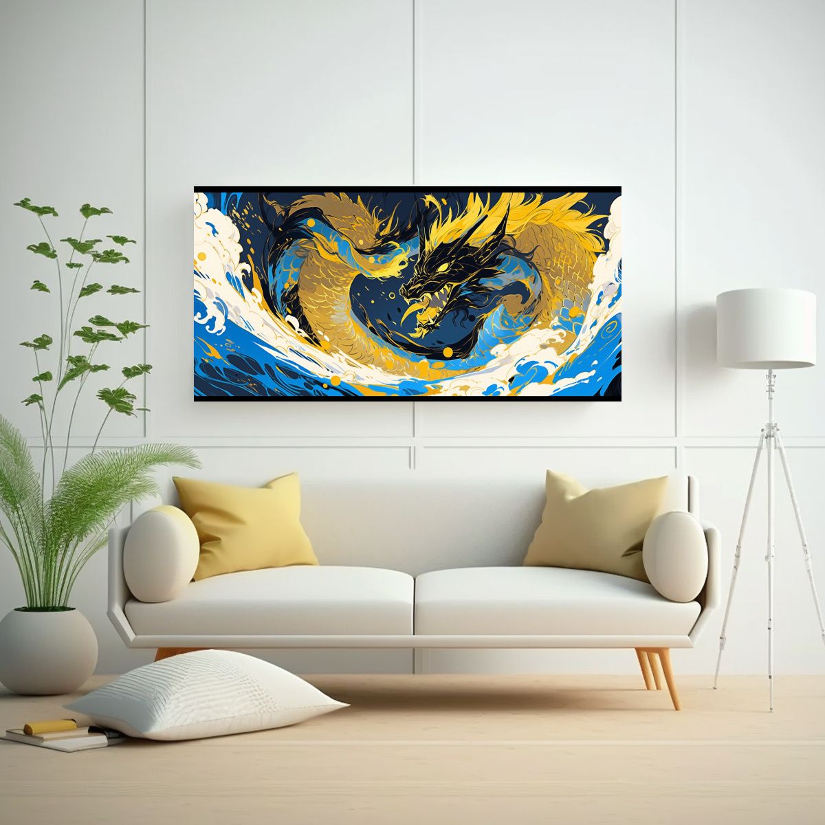 GENERICO - Cuadro De Dragón En Oro Y Azul, Neonoir 100x50 Cm