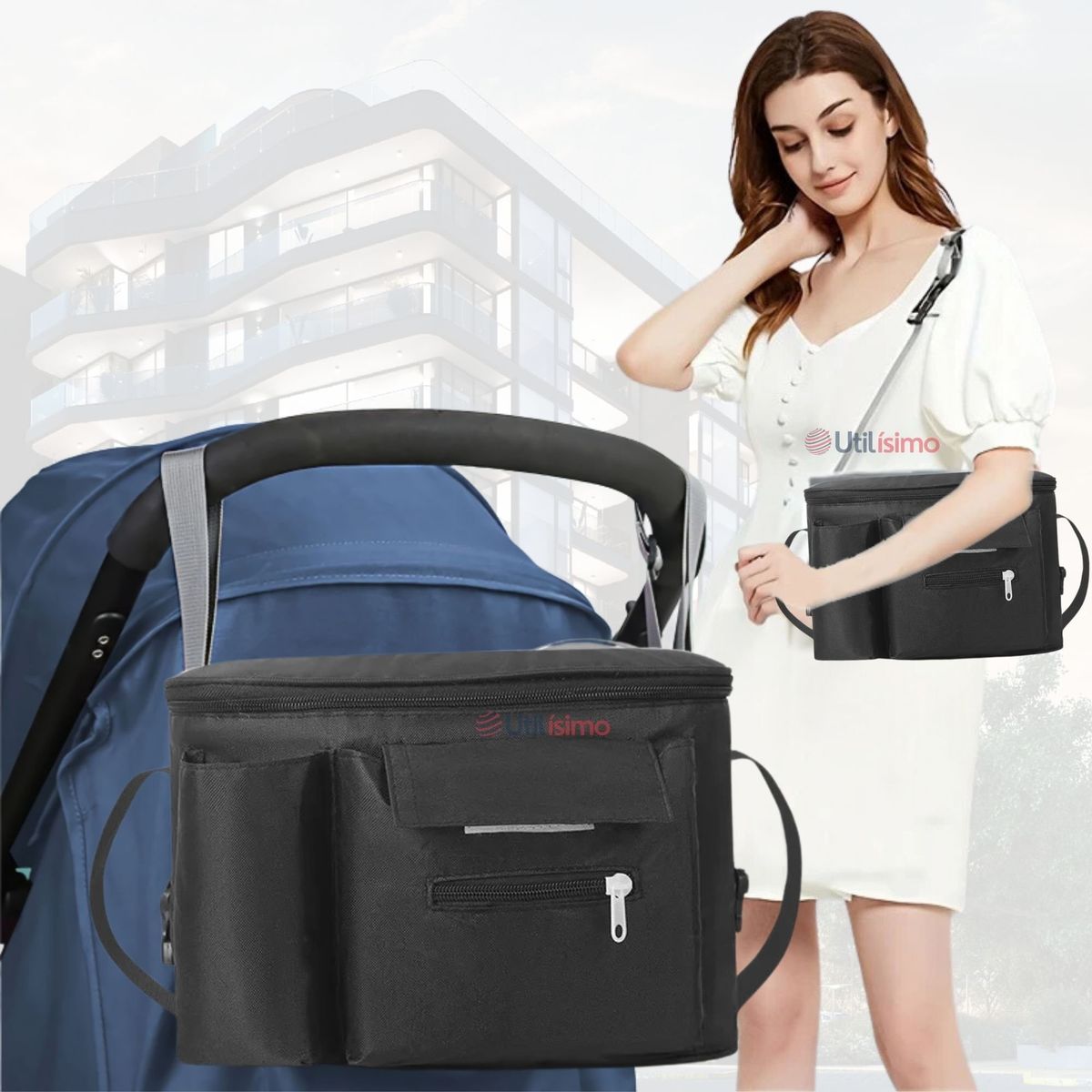 UTILISIMO - Bolso Maternal Mochila Para Coche Pañalera Bebé Mamá Negro