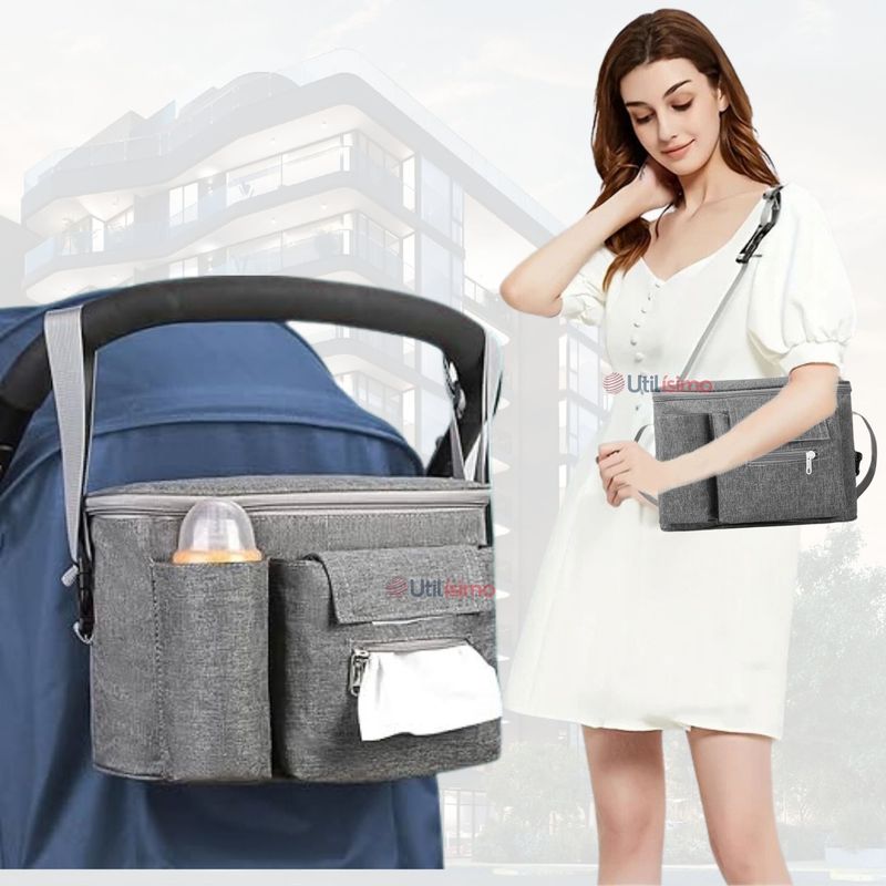UTILISIMO - Bolso Maternal Mochila Para Coche Pañalera Bebé Mamá Gris