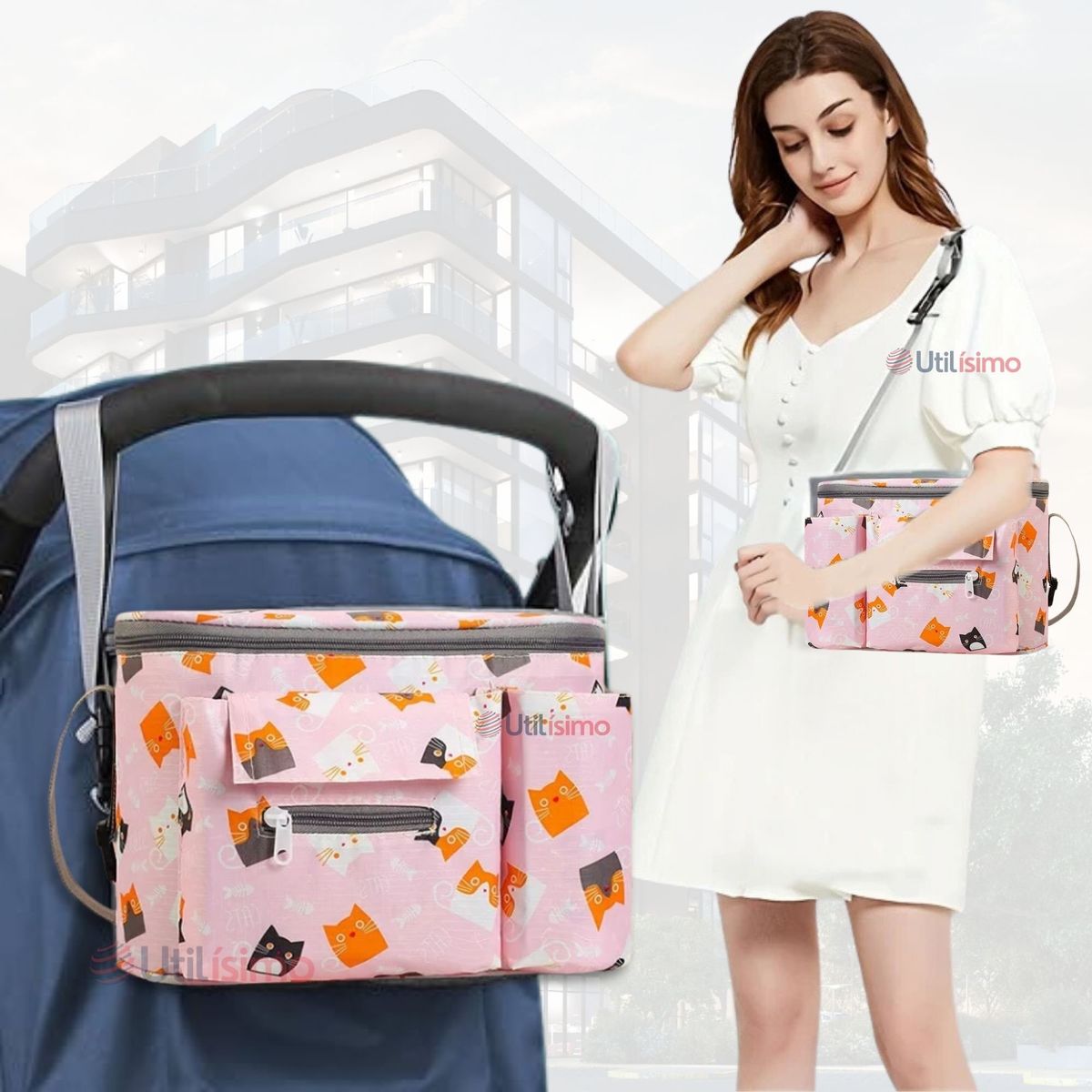 UTILISIMO - Bolso Maternal Mochila Para Coche Pañalera Bebé Mamá Rosa