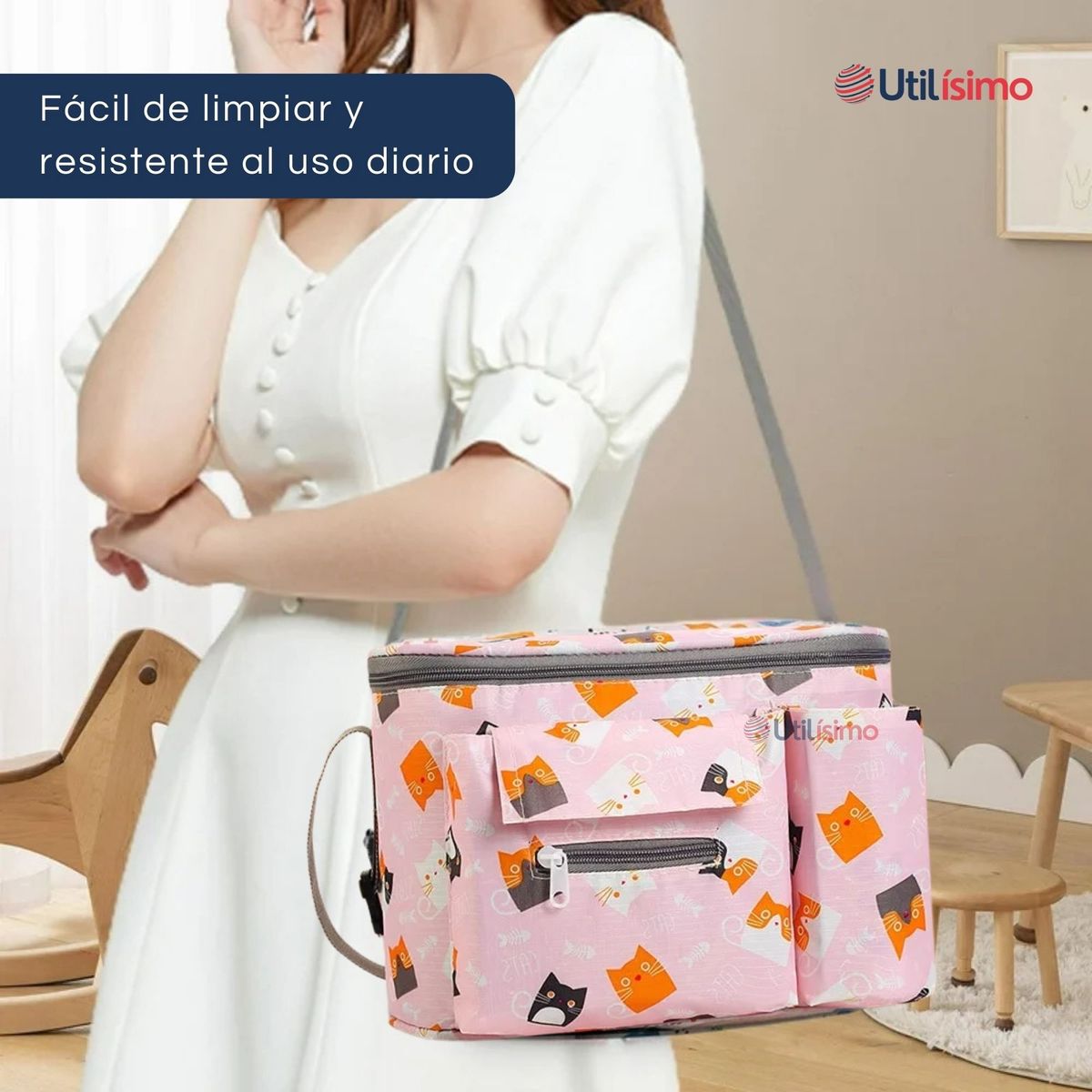 UTILISIMO - Bolso Maternal Mochila Para Coche Pañalera Bebé Mamá Rosa