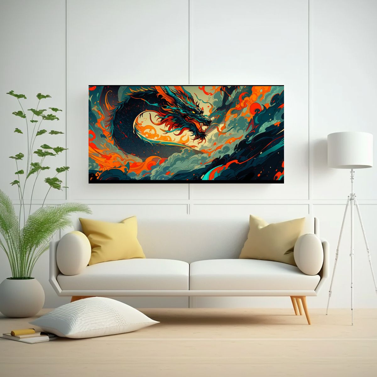 GENERICO - Pintura De Pared: Dragón En Turquesa Y Naranja, 100x50 Cm