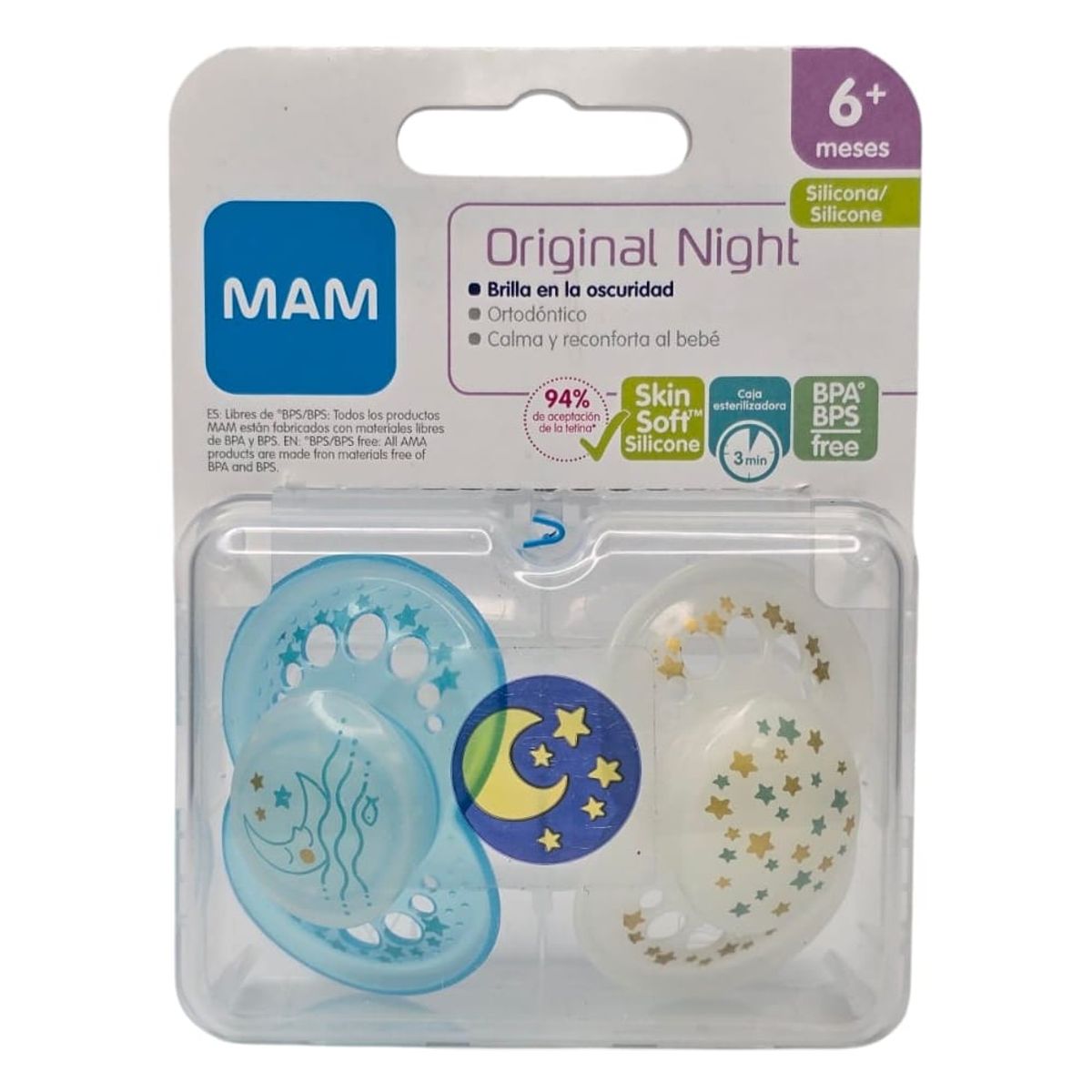 MAM - 2 Chupetes Nocturnos Silicona MAM Night 6+ Astro Lunar Verde