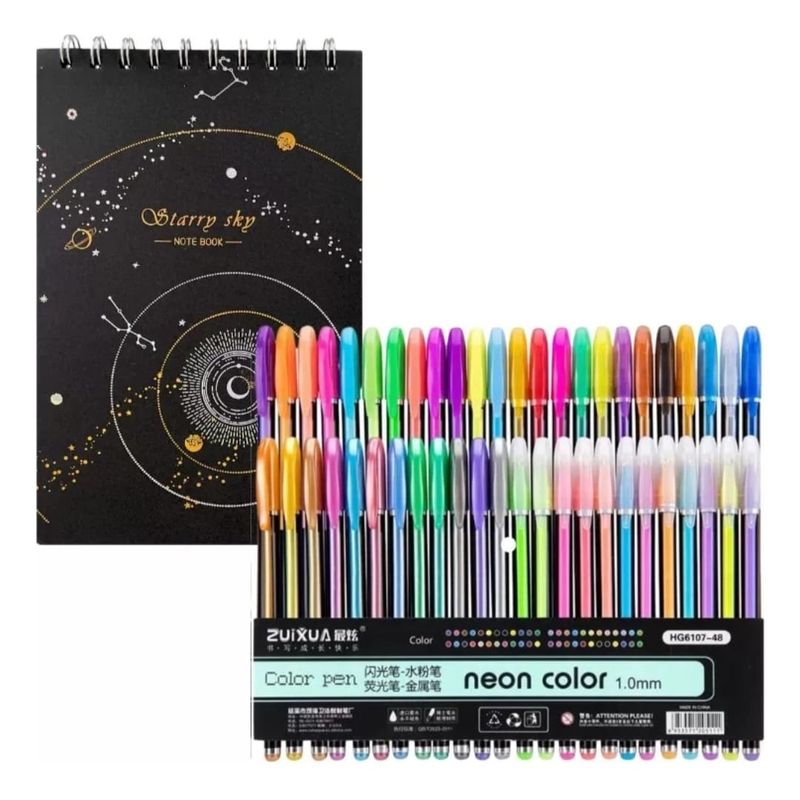 GENERICO - Libreta hojas Negras anillada + Set Lapices Gel 60 colores