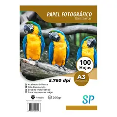 GENERICO - Papel Fotográfico Glossy 260 g A3 Brillante X 100 Hojas