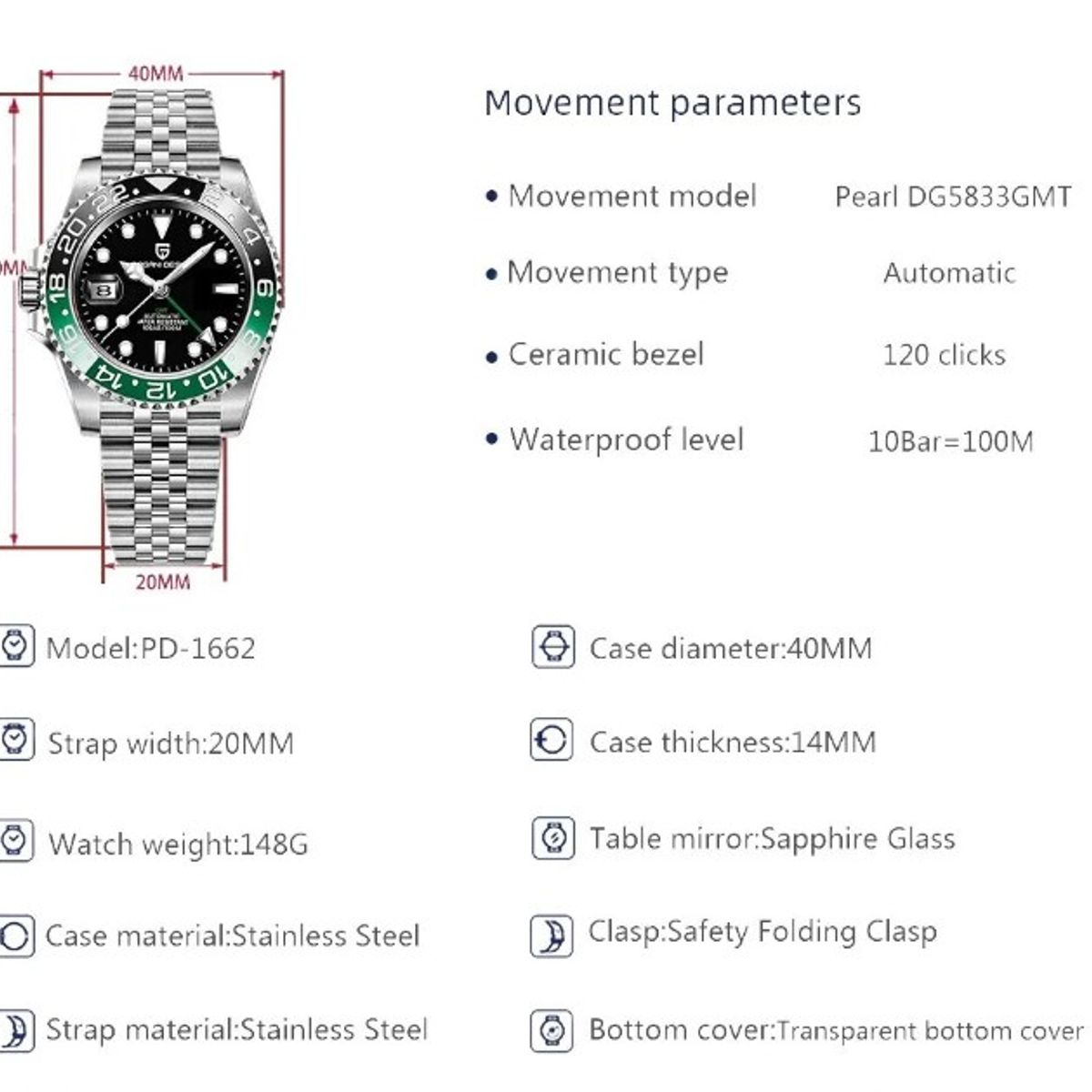PAGANI - Reloj Hombre PAGANI "SUBMARINER GMT MASTER 2 SPRITE"