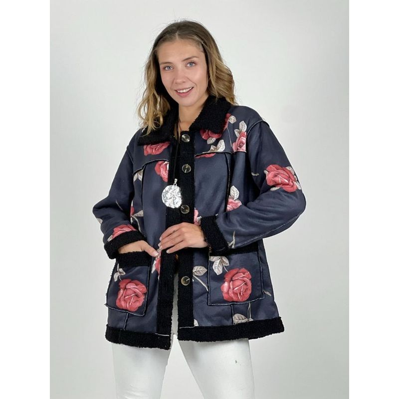 ENIGMATICA BOUTIQUE - Chaqueta Chiporro Gamuza Estampado Rosas Beige