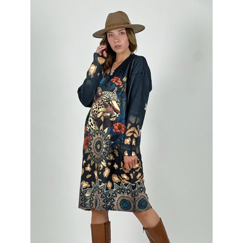 ENIGMATICA BOUTIQUE - Vestido Lanilla Animal Print con Mariposas Negro