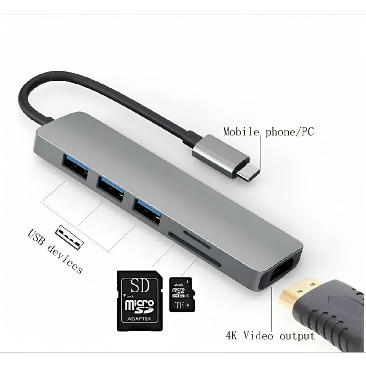 GENERICO - Adaptador Usb Hub Hdmi Tipo C 3 X Usb 30 6en1