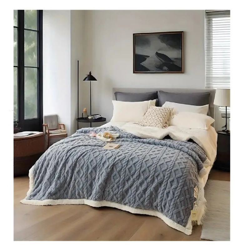 GENERICO - Frazada Manta Polar Con Sherpa Térmica 2 Pza Relieve Gris Claro