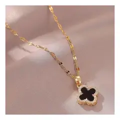 ZG JOYAS - Collar Dorado Galvanizado En Oro Colgante Trébol Negro Blanco