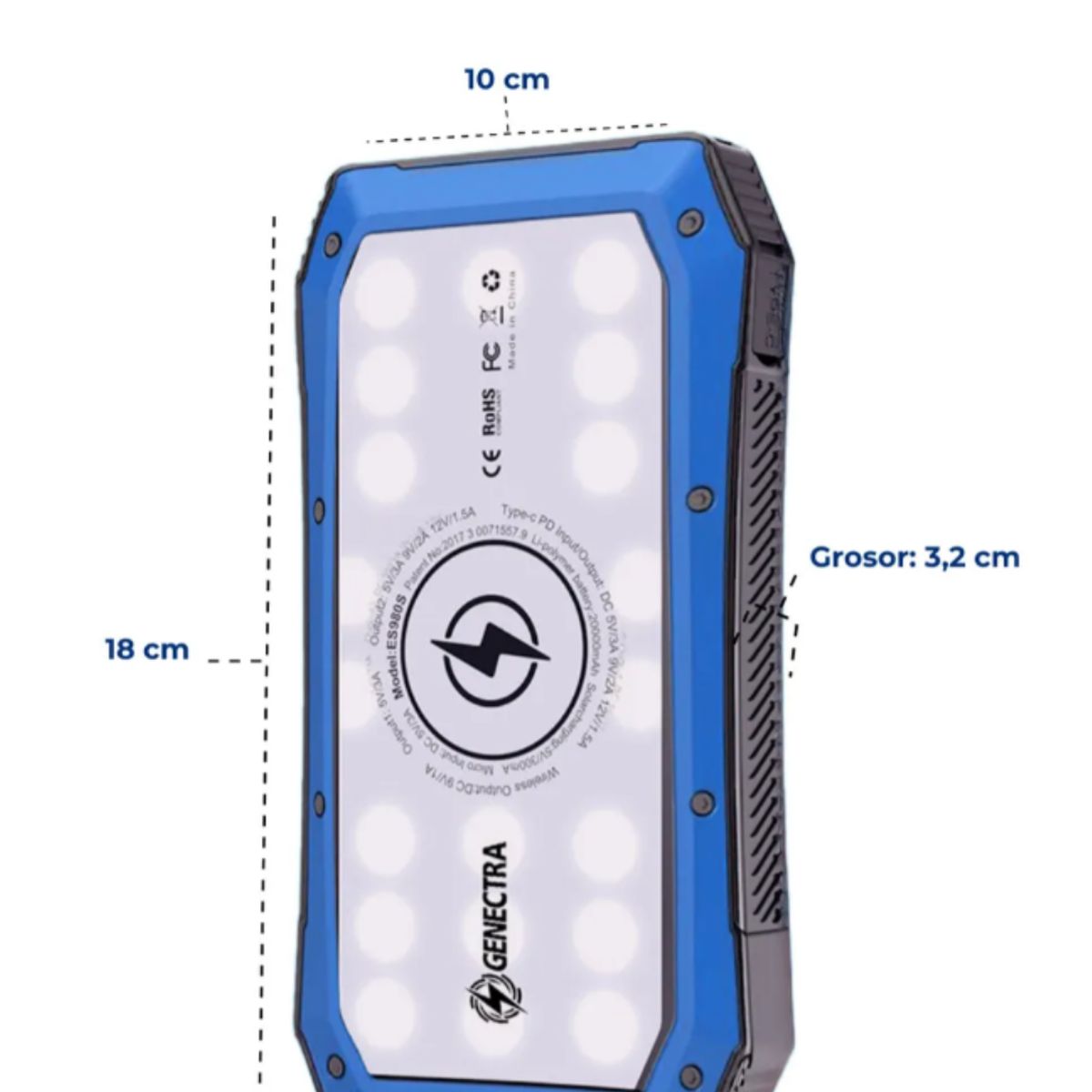 GENECTRA - Power Bank Con Panel Solar De Carga Portátil 20000 mAh Azul