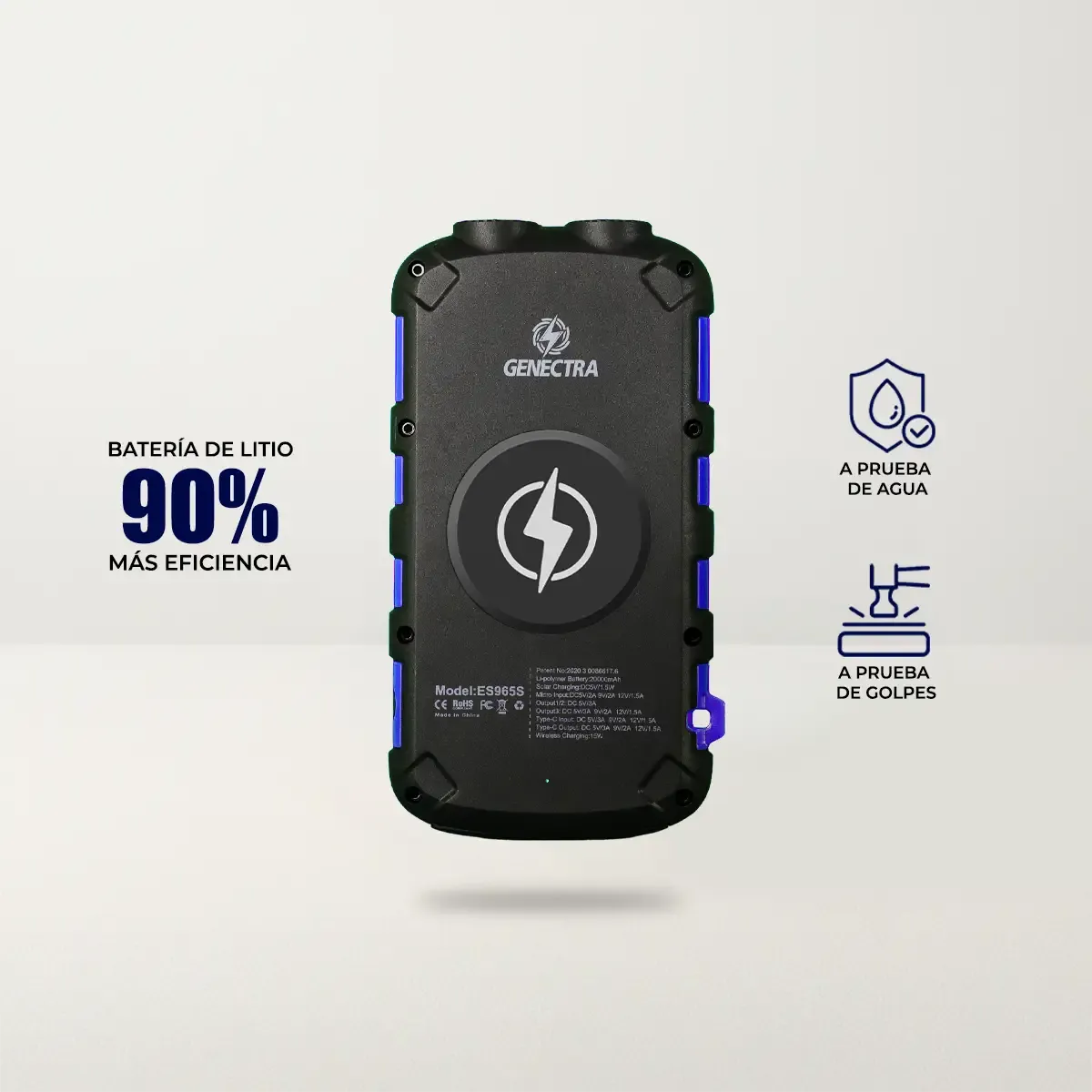 GENECTRA - Power Bank con Panel Solar de Carga Portátil 20000mAh