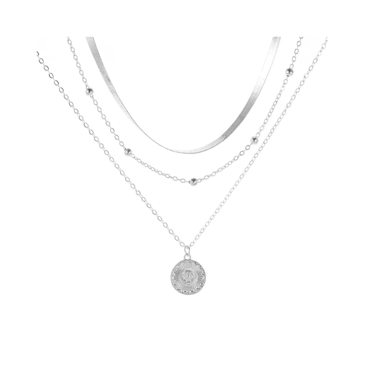 GENERICO - Collar Acero Plateado 3 Capas con Colgante Circular