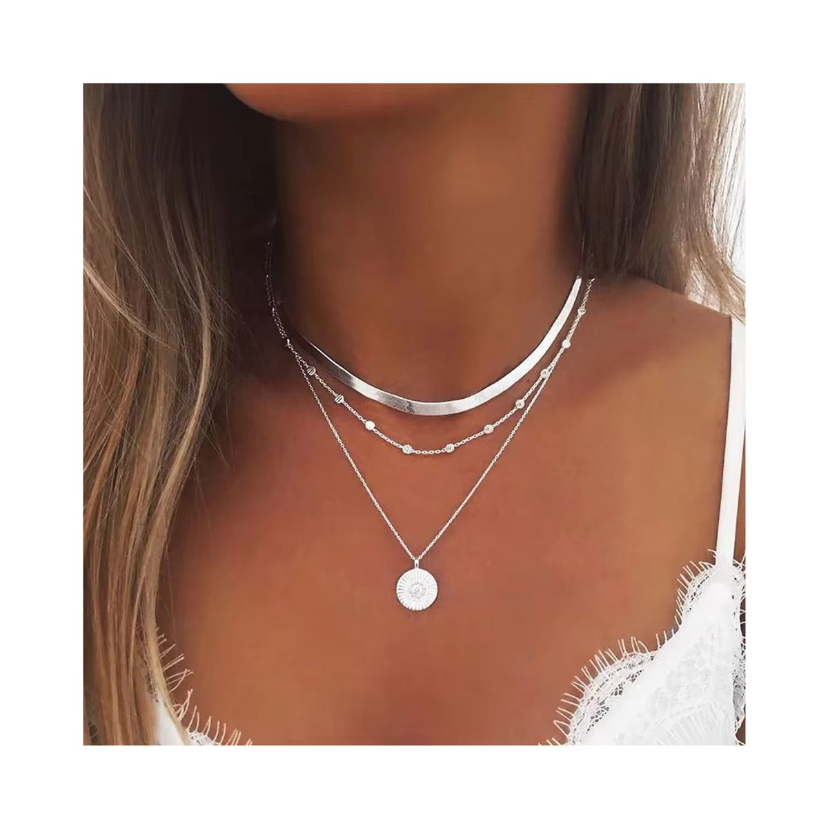 GENERICO - Collar Acero Plateado 3 Capas con Colgante Circular