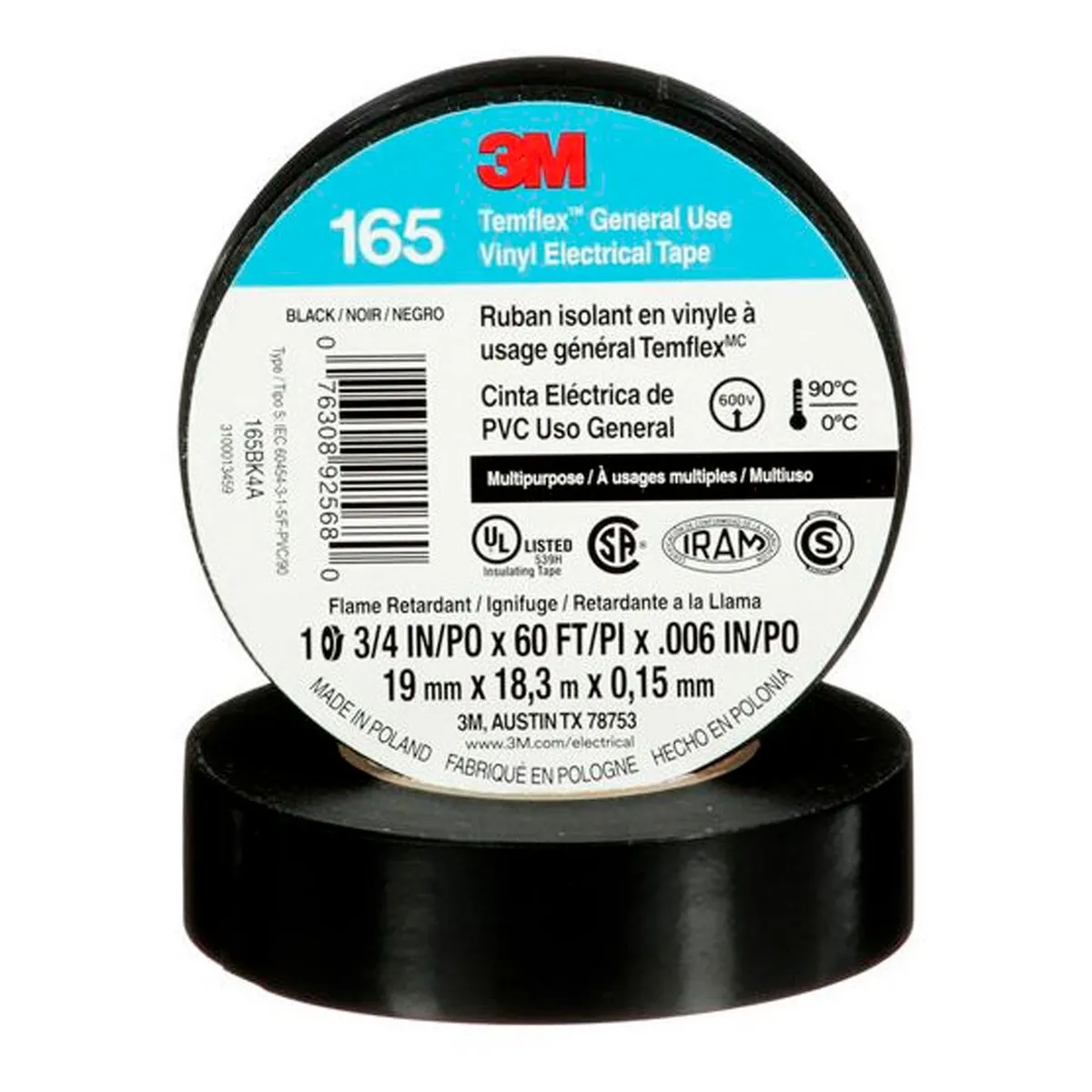 3M - Cinta Aislante PVC 19mm Negro Temflex 165 3M