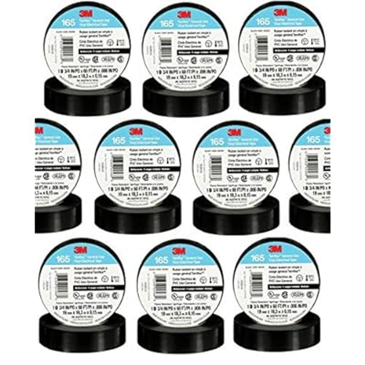 3M - Pack 10 Cinta Aislante PVC 19mm Negro Temflex 165 3M