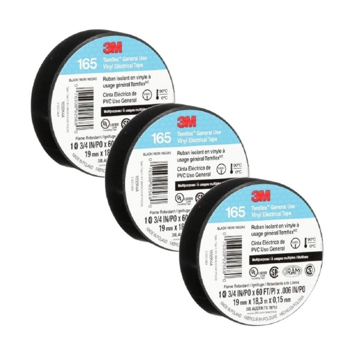 3M - Pack 03 Cinta Aislante PVC 19mm Negro Temflex 165 3M