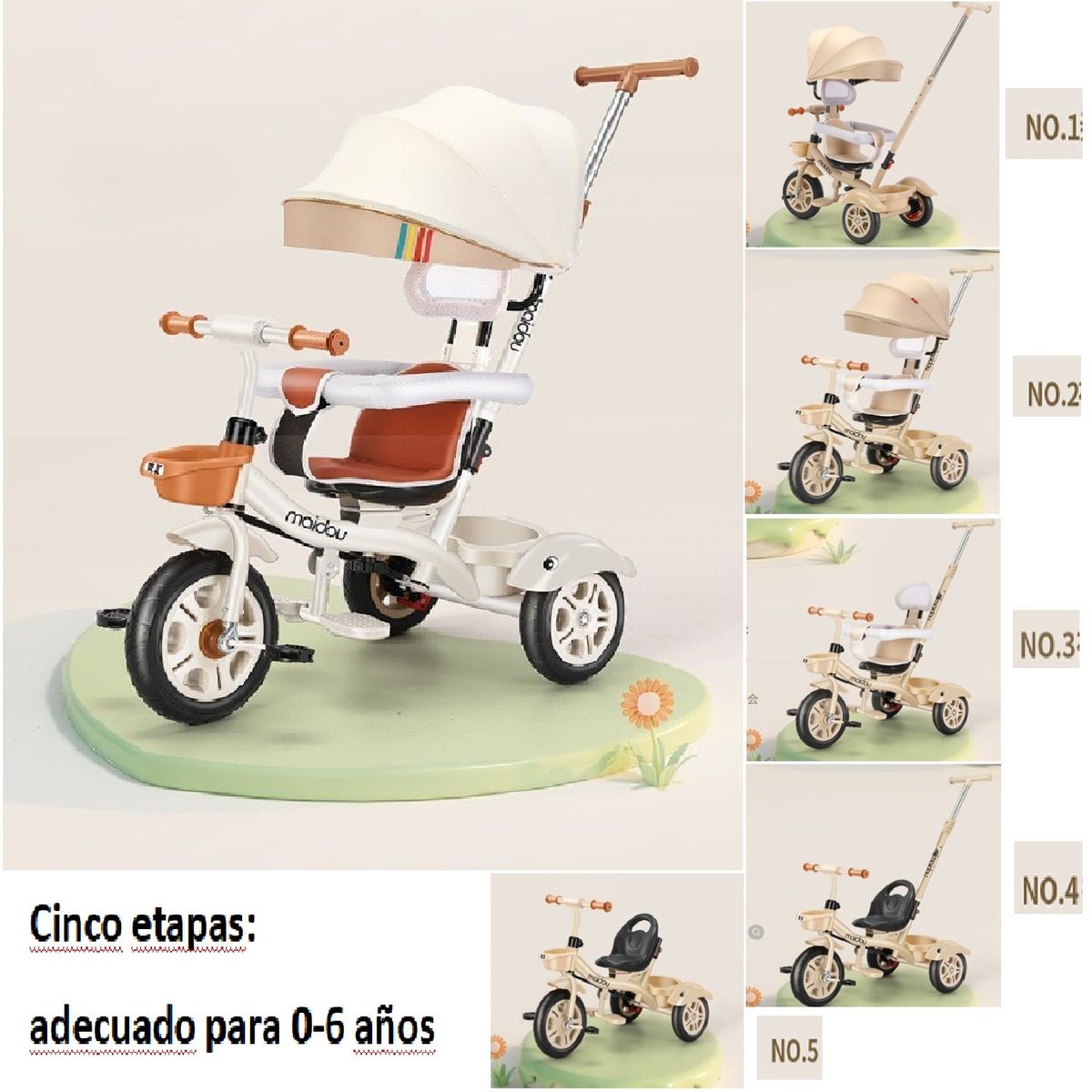 TATEE - Triciclo 5 En 1 multifuncional ajustable 360° Blanco