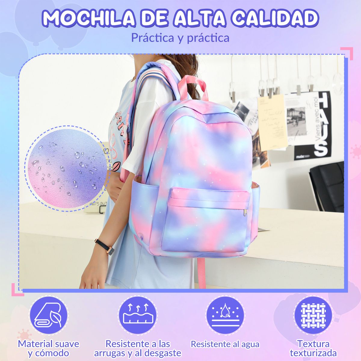 LUKOVEE - Mochila Escolar De Niña Con Bolso Y Estuche De Mano 6 Piezas