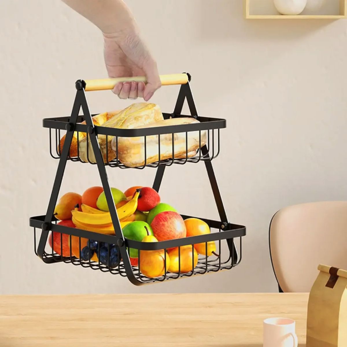 GENERICO - Frutero de Mesa 2 Niveles Metálico Negro Desmontable - Canasto Organizador de Frutas Cocina Hogar