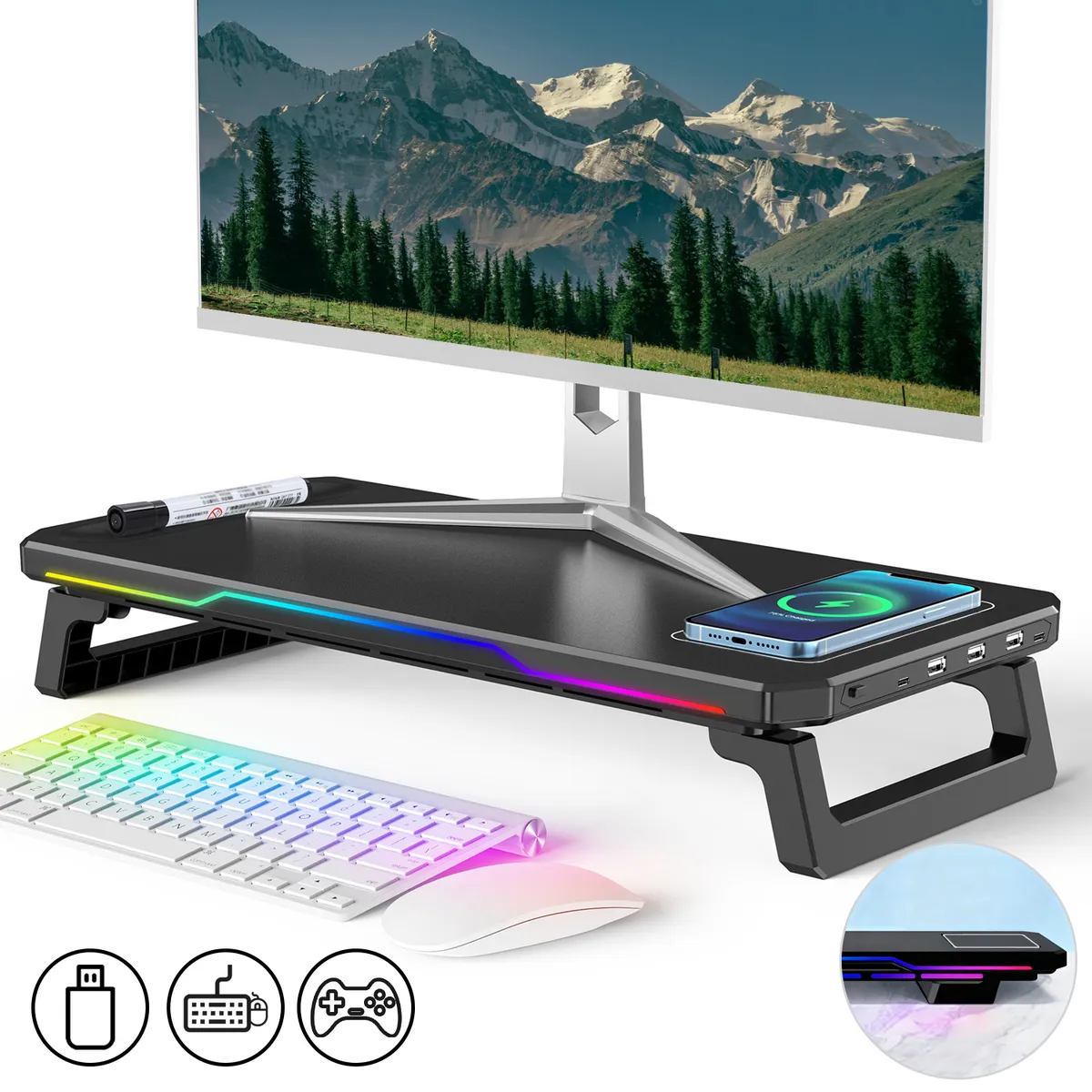 REBONEC - Base Soporte Monitor Escritorio RGB Con 4 Puertos USB 2.0