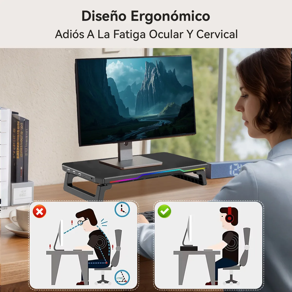 REBONEC - Base Soporte Monitor Escritorio RGB Con 4 Puertos USB 2.0