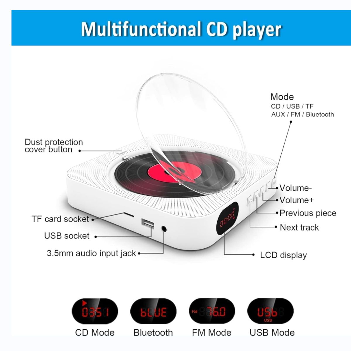 TIOZONEY - Reproductor de CD Bluetooth Pantalla LED