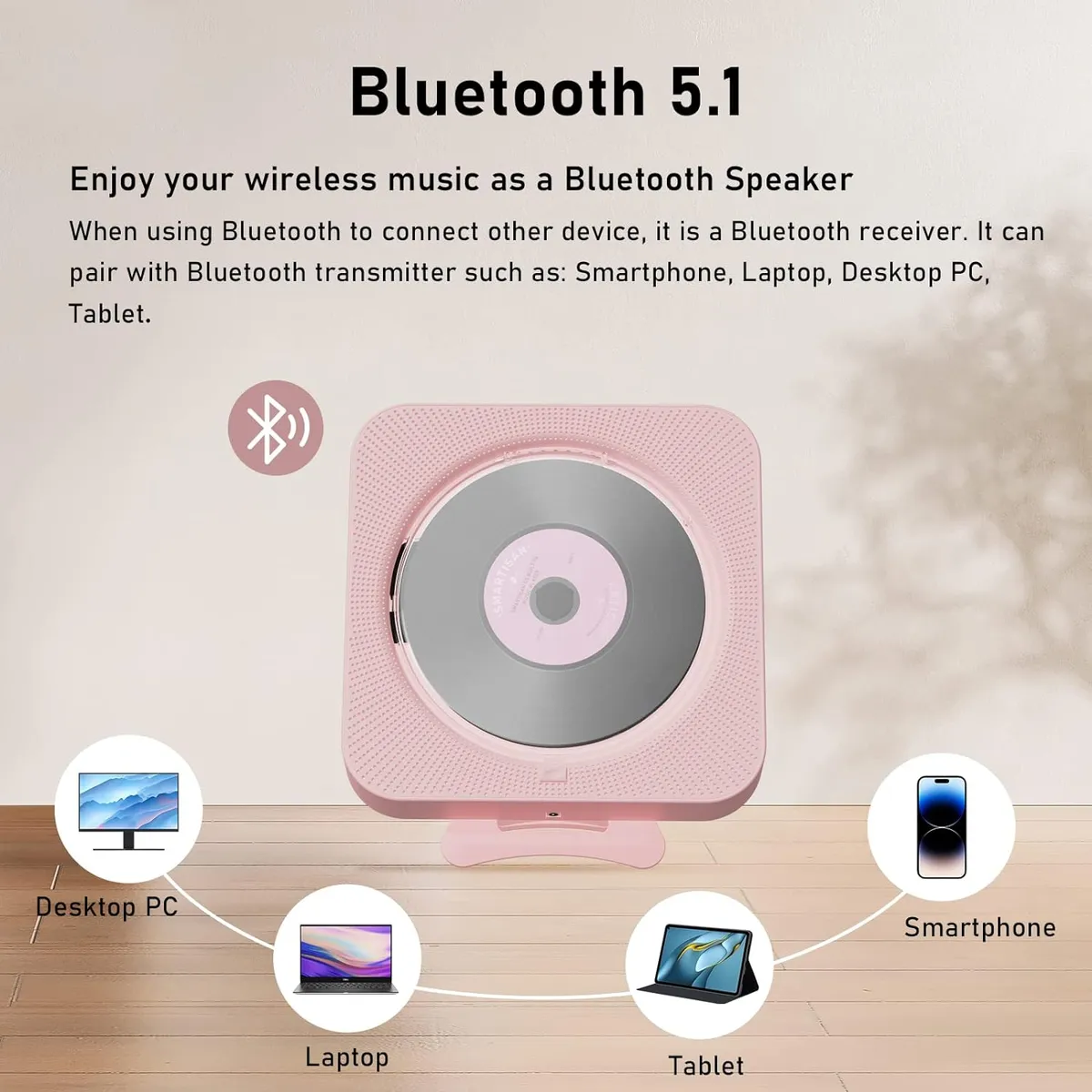 TIOZONEY - Reproductor de CD Bluetooth Pantalla LED Rosa