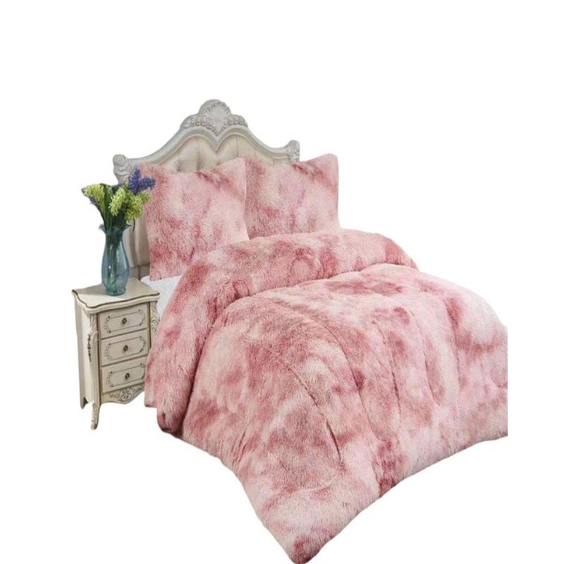 GENERICO - CUBRECAMA PLUSH CON CHIPORRO PELUDO INVIERNO 2 PLAZAS ROSADO JASPEADO