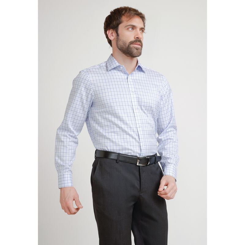 TRIAL - Camisa Hombre Formal Travel Blanco/Celeste