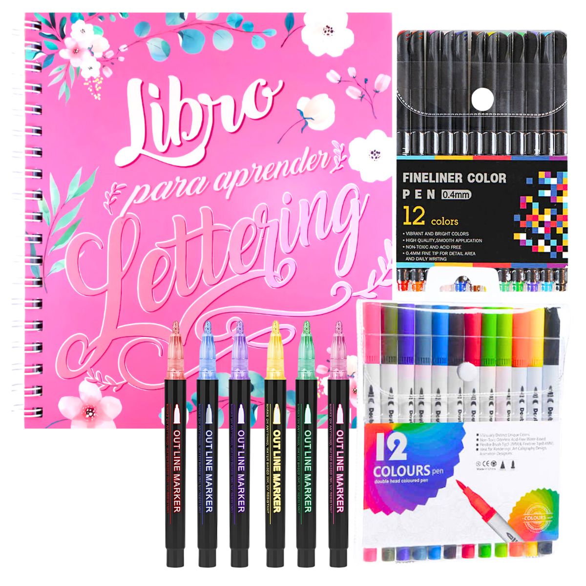 PRONOBEL - Kit Libro Lettering De 158 Páginas + 3 Set De Plumones
