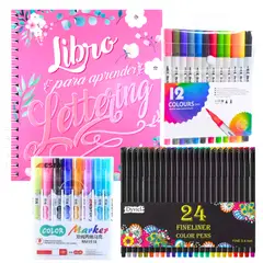PRONOBEL - Kit Libro Lettering De 158 Páginas + 3 Set De Plumones