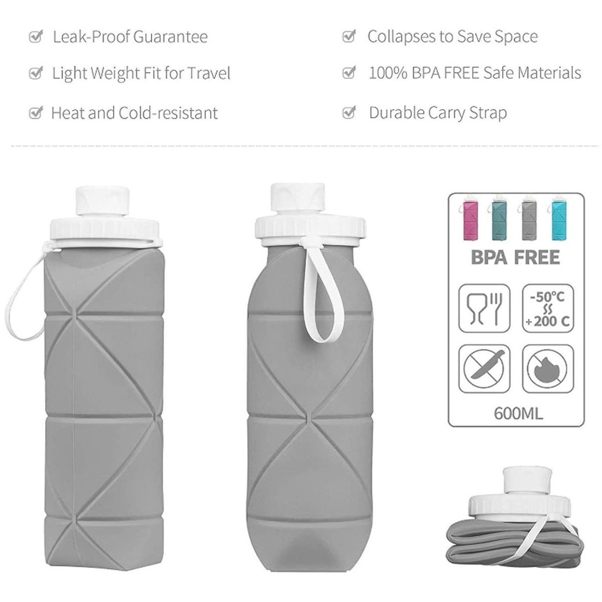 TIOZONEY - Botella De Agua Térmica De Silicona Plegable Portátil 600ml