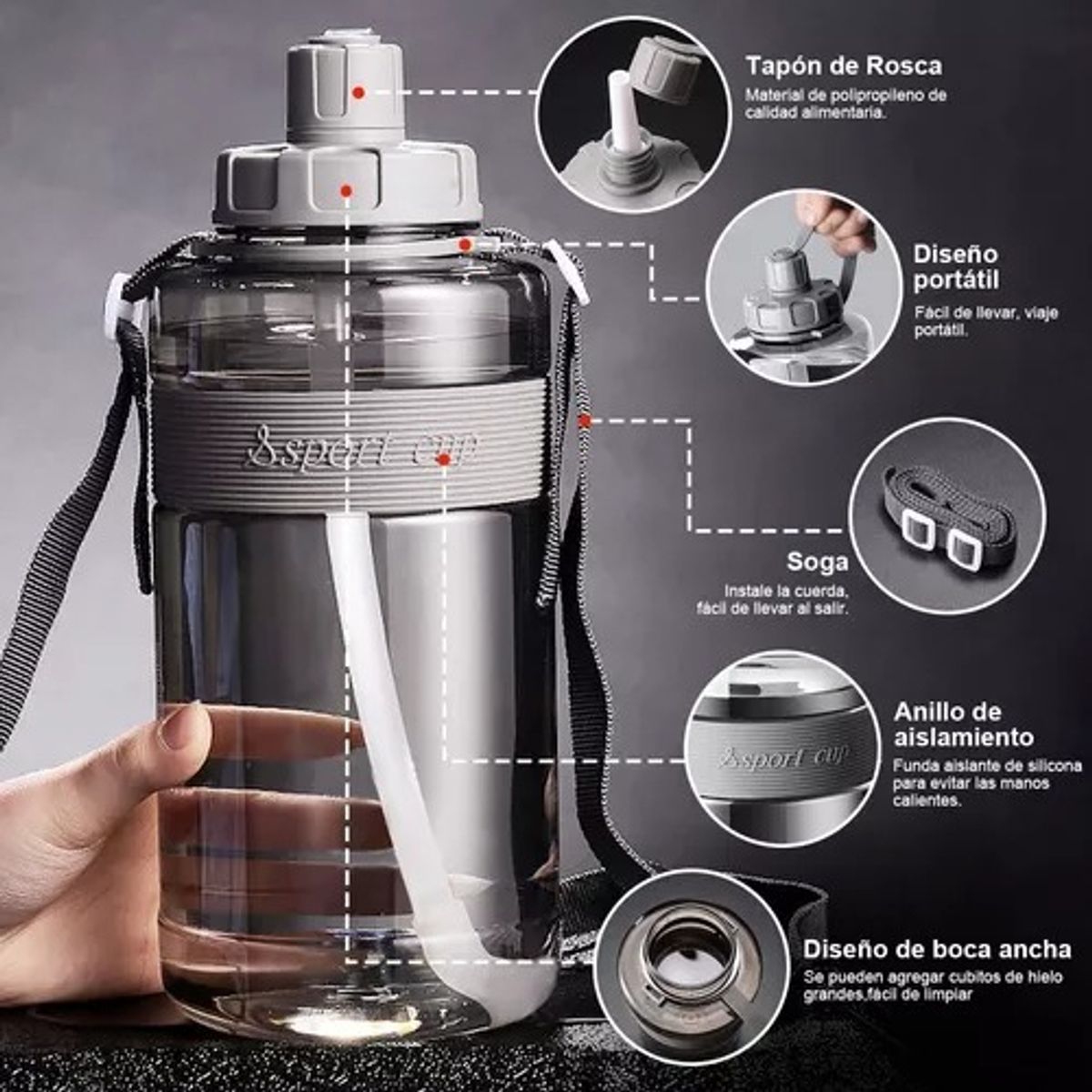 TIOZONEY - HAR Bote de agua 2 litros botella para agua deportiva portatil color gris