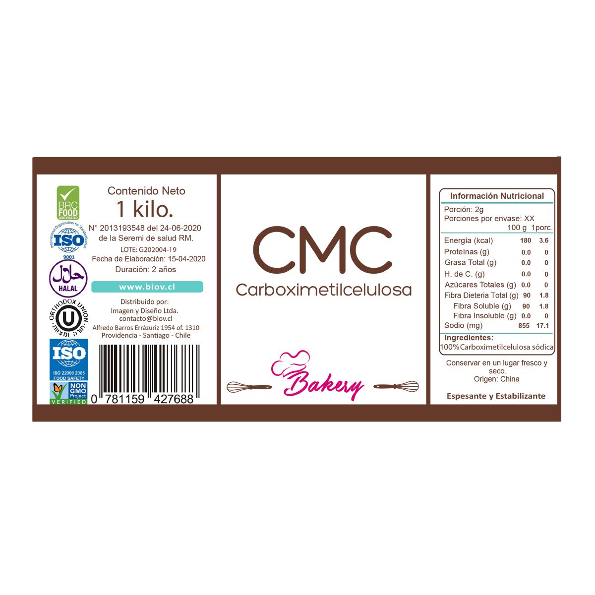 BIOV - Cmc Carboximetilcelulosa 1kg Sin Gluten Vegano Bio V