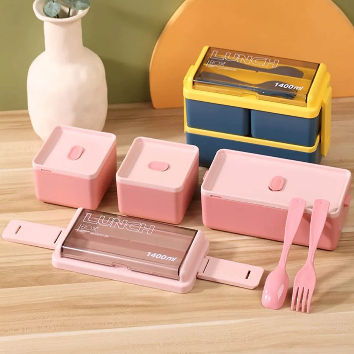 TIOZONEY - Lunch Box 2niveles Fiambrera Desmontable Con Cubiertos Y Bag