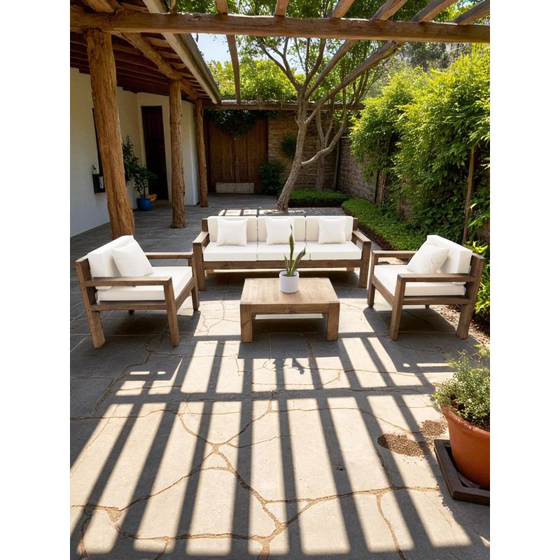 MIARUSTE - TERRAZA RÚSTICA MIARUSTE MODELO AMBAR 5 CUERPOS COLOR ROBLE COJINERÍA CRUDO