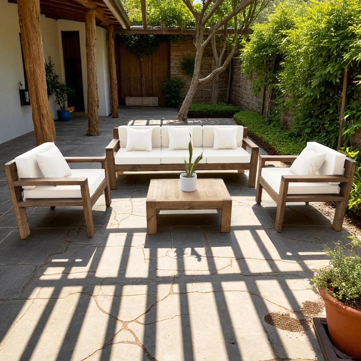 MIARUSTE - TERRAZA RÚSTICA MIARUSTE MODELO AMBAR 5 CUERPOS COLOR ROBLE COJINERÍA CRUDO