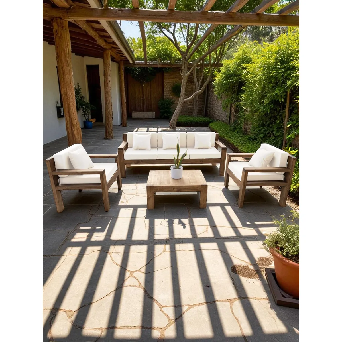 MIARUSTE - TERRAZA RÚSTICA MIARUSTE MODELO AMBAR 5 CUERPOS COLOR ROBLE COJINERÍA CRUDO